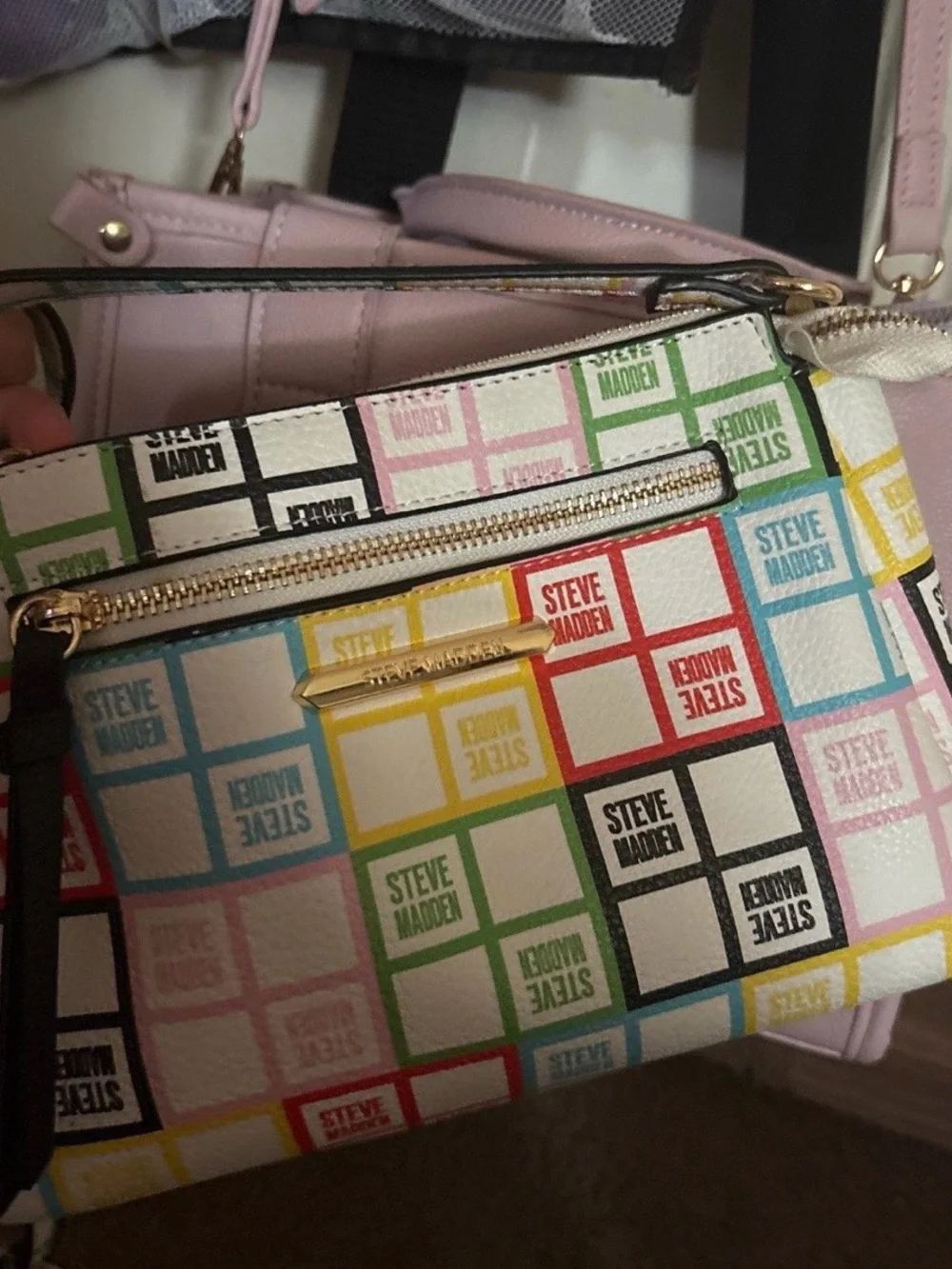 Steve Madden Multicolor Logo Wristlet with Pink Accents